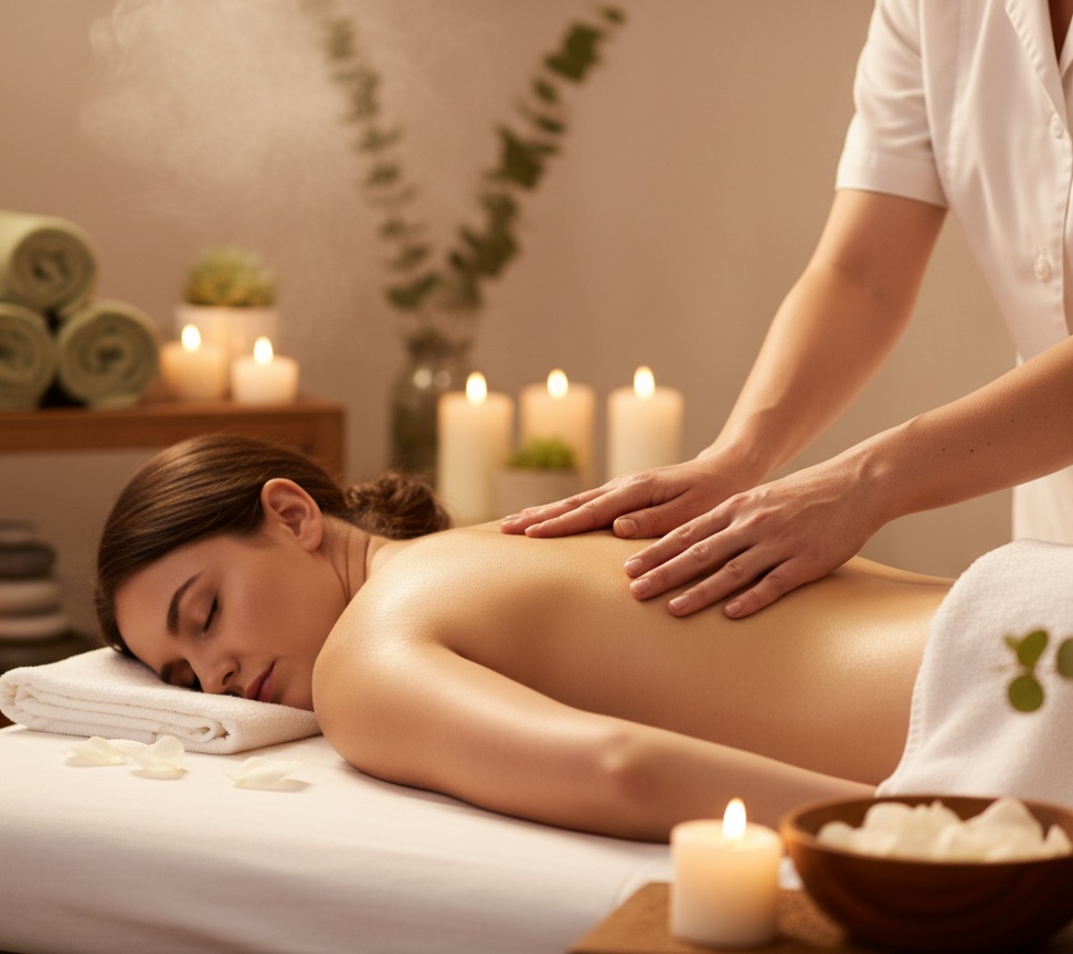 Massage studio in Gilbert, AZ – therapist giving a relaxing back massage by candlelight